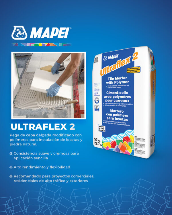 Ultraflex 2 Mapei - Adhesivo para pisos porcelánicos y piedra natural. Pega piso sobre piso - tráfico intenso. - Imagen 2